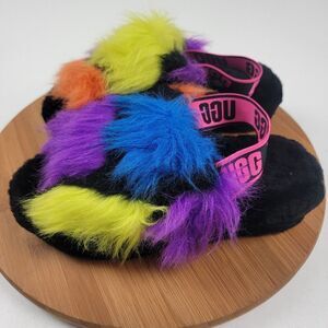 UGG Fluffy Yeah Furry Slingback Slippers Black Multicolor Party Sz 6